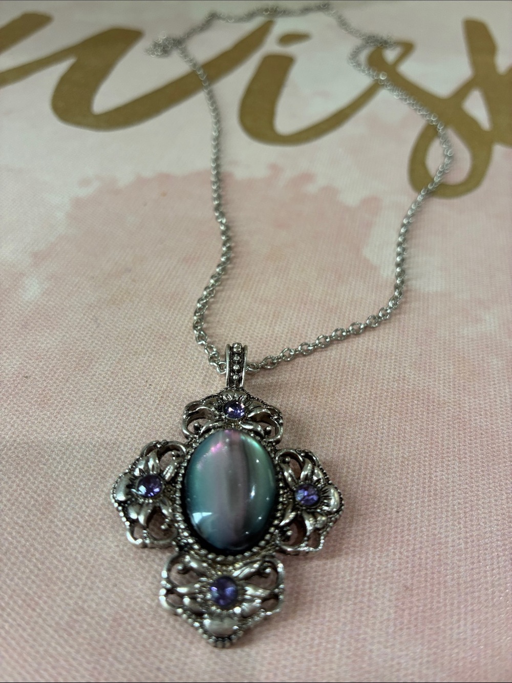 Silver-Tone Purple Opal Oval Faux Glow Rhinestones Pendant Necklace - Women